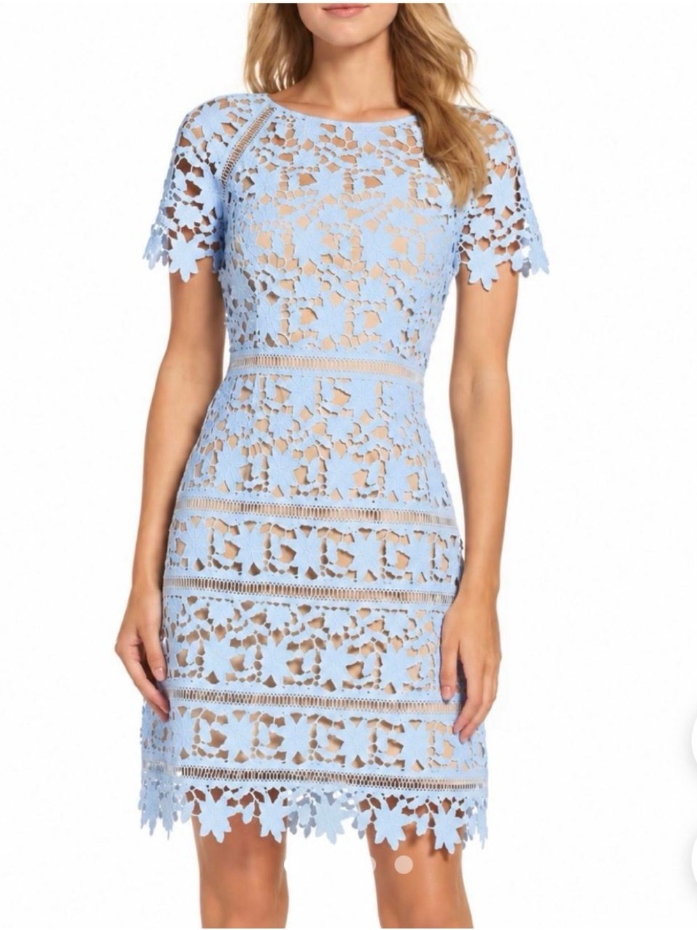 Eliza J Light Blue Floral Crochet Sheath Dress